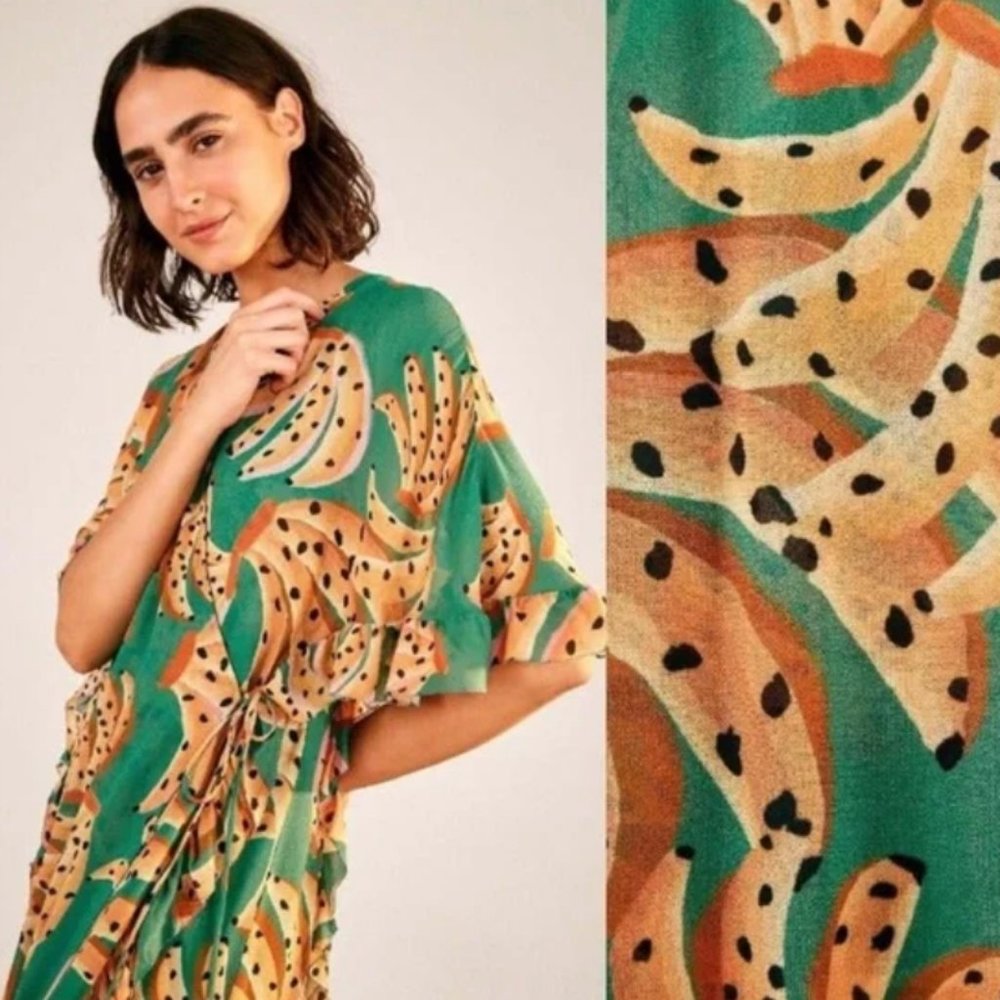 FARM Rio Green Raining Bananas Maxi Wrap Dress Size S - Picture 3 of 3